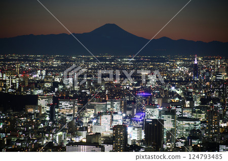 tokio night view from above with fuji mountain tokio night view from above with fuji mountain 124793485