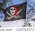 Pirate flag with Jolly Roger against the background of the spring blue sky in the forest. 124793571