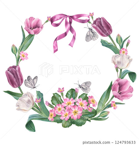 Wreath with tulips, primrose, green leaves and purple bow. Hand drawn watercolor illustration of round border frame of spring flowers on isolated background. Element for design of cards and stickers 124793633