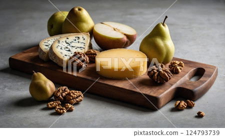 Selection of Assorted Cheeses, Fresh Fruits, and Nuts Arranged on a Wooden Board 124793739