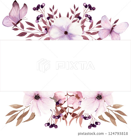 Fantasy light purple and light brown twigs, butterfly, berries and flowers frame by watercolor. Fantasy light purple and light brown twigs, butterfly, berries and flowers frame by watercolor. 124793818