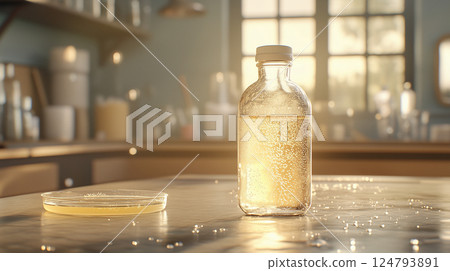 Sunlit laboratory scene with bottle and petri dish on table. Quality testing, analysis, research themes 124793891