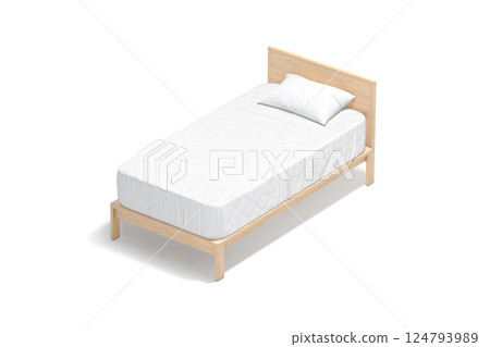 Blank wooden single bed with white bedding mockup, side view 124793989