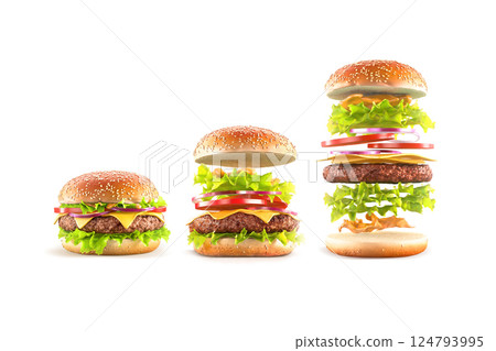 Beef hamburger with cheese and vegetables mockup ingredients, isolated 124793995