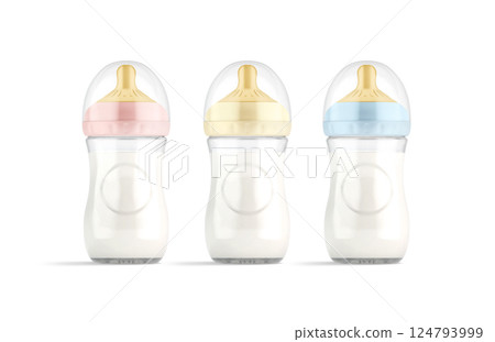 Blank white baby bottle with milk colored nipple mockup, isolated 124793999