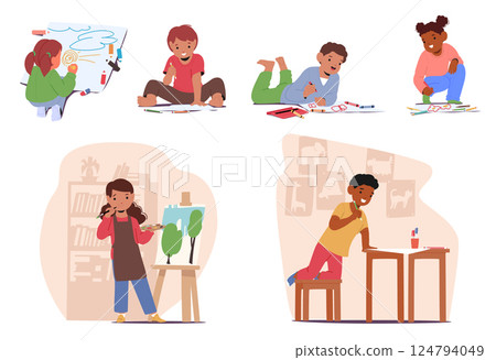 Kids cartoon characters drawing on paper with crayons, paints, pencils at kindergarten or art school 124794049