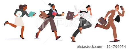 Worried businesspeople cartoon character running in rush having lack of time, urgent work set Worried businesspeople cartoon character running in rush having lack of time, urgent work set 124794054