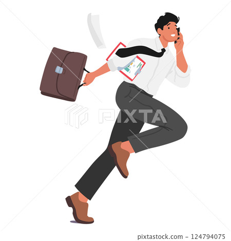 Businessman cartoon character running fast rushing to work having phone call isolated on white 124794075