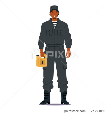 Motorman ship repair and maintenance service crew staff carrying oil canister isolated on white 124794098