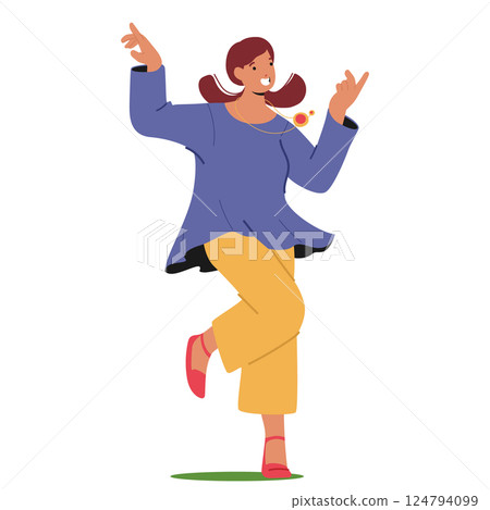 Young smiling woman cartoon character in dancing pose feeling happiness and joy isolated on white 124794099