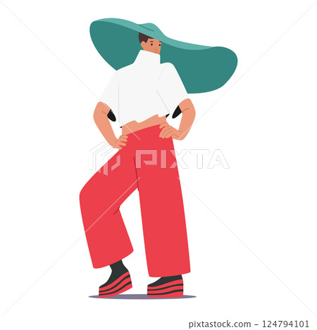 Young woman top model cartoon character demonstrating fashionable trendy outfit isolated on white 124794101