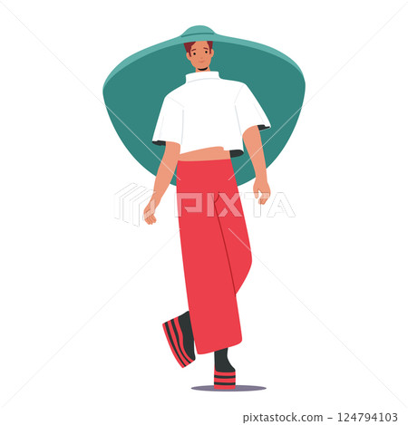 Woman fashion show top model cartoon character demonstrating fashionable casual clothes garment Woman fashion show top model cartoon character demonstrating fashionable casual clothes garment 124794103