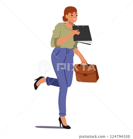 Businesswoman cartoon character hurrying running in rush having stressed work situation and deadline 124794108