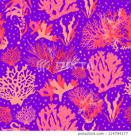 Bright vector seamless abstract pattern with pink corals and seaweed on blue-violet background 124794177