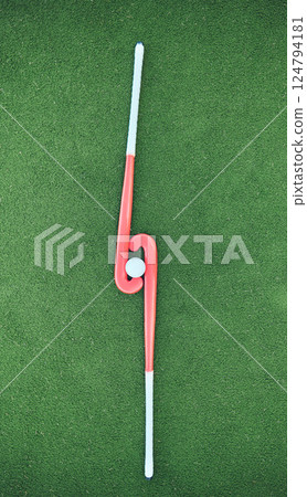 Hockey, sticks and ball on turf grass at a stadium for a sports match, exercise or training. Fitness, workout and sport equipment on outdoor field for championship game, practice or skill development Hockey, sticks and ball on turf grass at a stadium for a sports match, exercise or training. Fitness, workout and sport equipment on outdoor field for championship game, practice or skill development 124794181