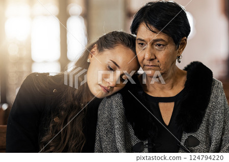 Sad, empathy and funeral with women in church for mourning, grief and death. Loss, respect and console with mother and daughter at chapel for burial ceremony for depression, remember and sorrow Sad, empathy and funeral with women in church for mourning, grief and death. Loss, respect and console with mother and daughter at chapel for burial ceremony for depression, remember and sorrow 124794220