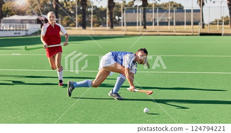 Hockey, sports and fitness with women on field and training for for workout, endurance and health. Goals, cardio and exercise with hockey player running in stadium for competition, athlete and games Hockey, sports and fitness with women on field and training for for workout, endurance and health. Goals, cardio and exercise with hockey player running in stadium for competition, athlete and games 124794221
