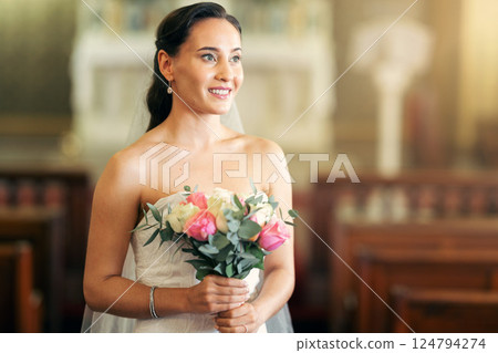 Happy bride, wedding flower bouqet and woman in marriage dress to marry for commitment, love and happiness. Bridal beauty, modern fashion and woman in a catholic church for celebration event ceremony Happy bride, wedding flower bouqet and woman in marriage dress to marry for commitment, love and happiness. Bridal beauty, modern fashion and woman in a catholic church for celebration event ceremony 124794274