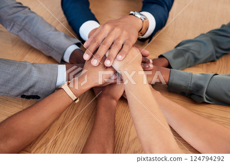 Support, partnership and hands of diversity business people stack together in solidarity, trust and teamwork collaboration. Community, team building meeting and company group united for mission goal 124794292