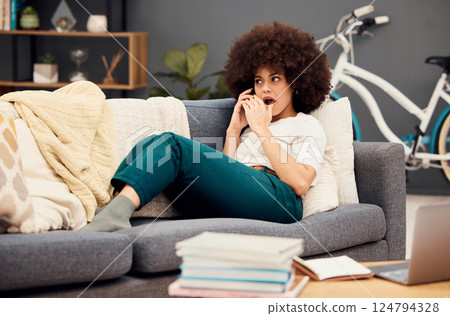 Surprise, phone call and black woman student on sofa with wow for study results, fake news or education feedback scholarship announcement. Girl on lounge and cellphone for shocked sales communication 124794328