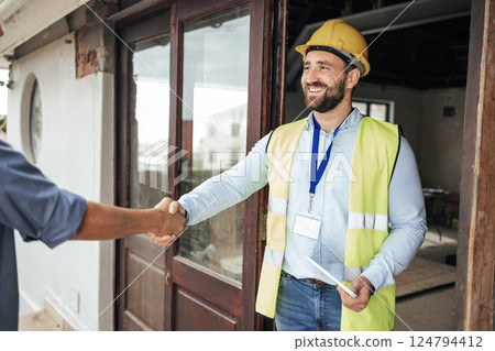 Construction, architect and handshake deal at building for professional contract, trust and welcome. Architecture, house and renovation planning agreement with expert worker man on site. Construction, architect and handshake deal at building for professional contract, trust and welcome. Architecture, house and renovation planning agreement with expert worker man on site. 124794412