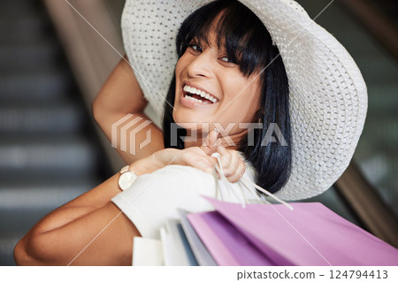 Shopping, fashion or portrait of woman with shopping bags, smile or happy buying luxury designer clothes. Retail, face of girl or customer travel in street to purchase discount sales gift in city 124794413