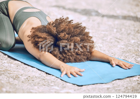 Yoga, fitness and black woman stretching outdoor, exercise and zen with calm and peaceful body training. Wellness, healthy and active lifestyle, sport and workout in nature, pilates for health. Yoga, fitness and black woman stretching outdoor, exercise and zen with calm and peaceful body training. Wellness, healthy and active lifestyle, sport and workout in nature, pilates for health. 124794419