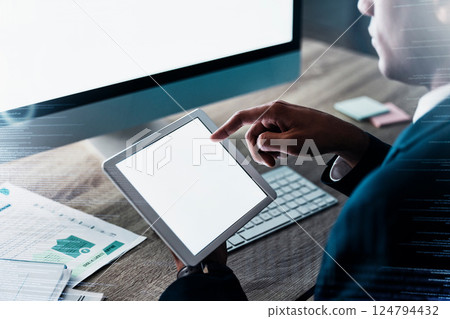 Tablet, computer and mock up businessman hands for digital market research, fintech system analytics or multimedia software development. Corporate, information technology and business man with screen 124794432