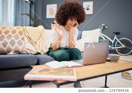 Black woman, waving or video call on remote work laptop in house or home living room sofa for fashion webinar, conference or lockdown meeting. Smile, happy of greeting designer on technology workshop 124794436