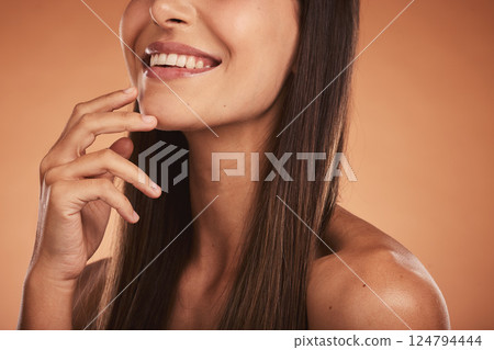 Hair care, dental and skincare face of model with healthy silky hair, luxury cosmetics or natural facial makeup. Dermatology, cosmetology and woman with skin beauty, teeth care and aesthetic smile 124794444