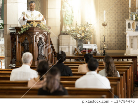 Priest, pastor and spiritual man in church sermon, prayer and speech to catholic people, worship and bible reading, praying or service. Christian preacher man, holy gospel and God, religion and faith 124794476