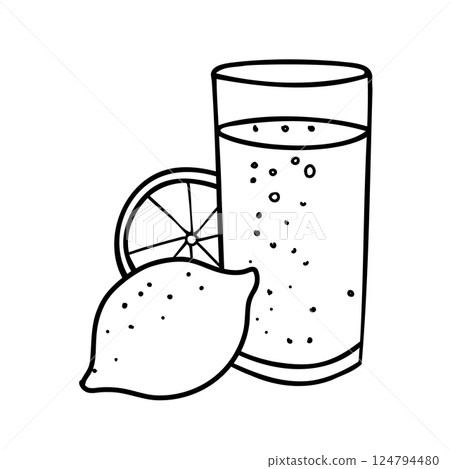 Lemonade Glass with Lemon Fruit. Summer refreshment beverage illustration isolated on a white background. Black and white outline drawing in Doodle style. Ideal for beverage branding, restaurant menus 124794480