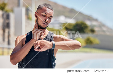 Fitness, runner or black man checking pulse on smartwatch for training time, wellness goal or workout on tracker app. Athlete, jogger or man for watch progress, heart rate or health cardio in street Fitness, runner or black man checking pulse on smartwatch for training time, wellness goal or workout on tracker app. Athlete, jogger or man for watch progress, heart rate or health cardio in street 124794520
