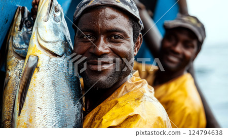 Fishermen in yellow attire hold large fish on a boat, smiling happily. Concept of livelihood, fishing, joy. For seafood and fishing industry photos. Fishermen in yellow attire hold large fish on a boat, smiling happily. Concept of livelihood, fishing, joy. For seafood and fishing industry photos. 124794638