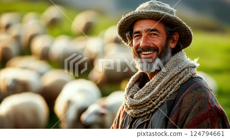 A smiling man in rustic clothing and a hat stands among a flock of sheep in a grassy field. Concept of pastoral life and agriculture. For rural lifestyle photo. 124794661