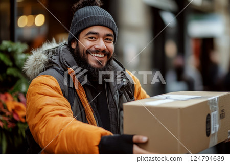 Man in winter coat and beanie holding a package on a city street, smiling. Concept of delivery, service, winter. For advertising delivery services. 124794689