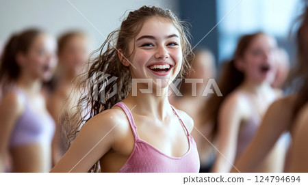 A smiling girl with long hair wears a pink top in a gym setting, surrounded by others in similar attire. Concept of joy, group exercise, youth. For a fitness class promotion. 124794694
