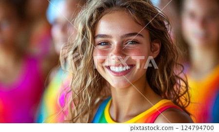 Young woman smiling brightly with wavy hair, wearing colorful attire, with blurred figures in the background. Concept of joy and youthfulness. For promoting positivity and happiness 124794700