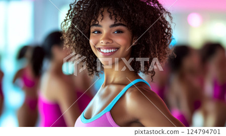 Smiling person in athletic wear among a group in workout class with a bright background. Concept of fitness and positivity. For promoting wellness and exercise. 124794701