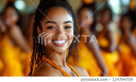 A smiling woman in an orange dress stands with others blurred in the background. Concept of joy, celebration, positivity. For promotional material on happiness and community. 124794709