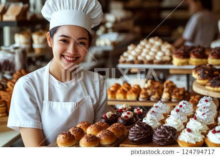 A smiling baker in white uniform and hat presents a tray of assorted pastries in a bakery. Concept of bakery and pastry presentation. For promoting bakery products and services. 124794717