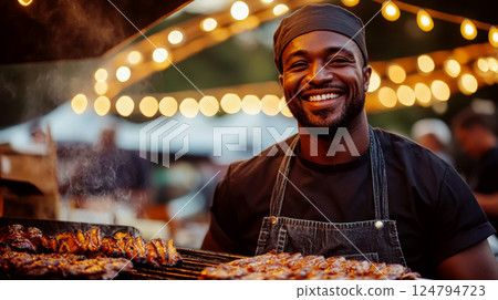 Chef in apron grilling meat at outdoor food festival under string lights, smiling. Concept of outdoor cooking, festival, joy. For culinary event promotion. 124794723