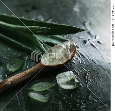 Rustic and homemade image wooden spoon on table with aloe vera gel, with whole and sliced aloe leaves, homemade and organic skincare theme. Copy space, place for text, banner 124794770