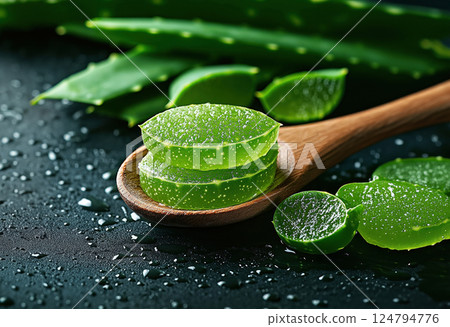 Rustic and homemade image wooden spoon on table with aloe vera gel, with whole and sliced aloe leaves, homemade and organic skincare theme. Copy space, place for text, banner 124794776