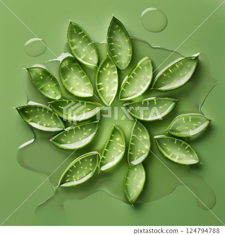 Aloe Vera sliced leaves stacked in pyramid, with fresh aloe gel droplets visible on pure white background 124794788