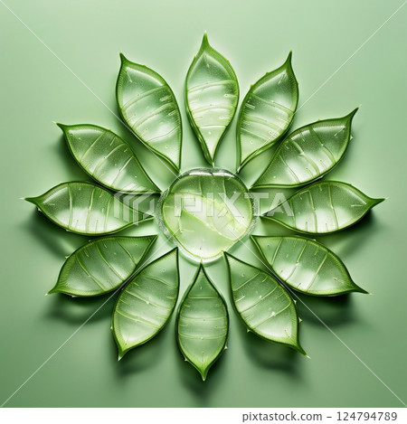 Aloe Vera sliced leaves stacked in pyramid, with fresh aloe gel droplets visible on pure white background 124794789