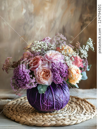 Arrangement delicate white flowers sprouting royal purple cabbage vase decorated with satin white bow. Concept celebration, romance, love, Valentine's Day, wedding, copy space, banner, greeting card 124794801