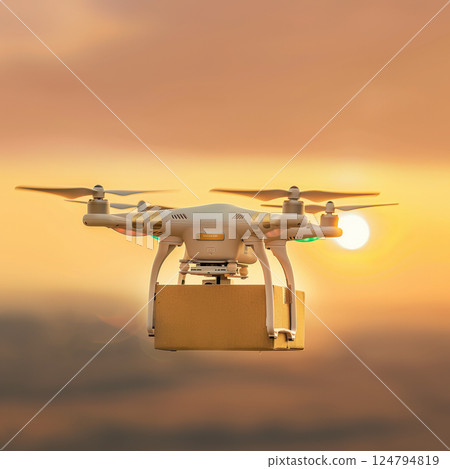 Aerial drone carrying package over an urban cityscape rural, sunset. Urban technology and commerce concept fast delivery 124794819