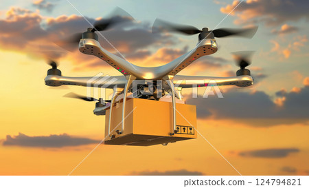 Aerial drone carrying package over an urban cityscape rural, sunset. Urban technology and commerce concept fast delivery Aerial drone carrying package over an urban cityscape rural, sunset. Urban technology and commerce concept fast delivery 124794821