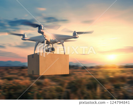 Aerial drone carrying package over an urban cityscape rural, at sunrise, sunset. Urban technology and commerce concept fast delivery Aerial drone carrying package over an urban cityscape rural, at sunrise, sunset. Urban technology and commerce concept fast delivery 124794841